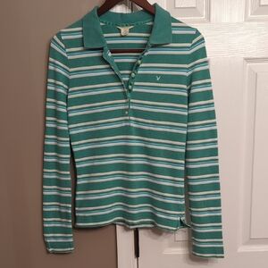Y2K American Eagle Outfitters Green, Blue, White Striped Long Sleeve Polo Shirt